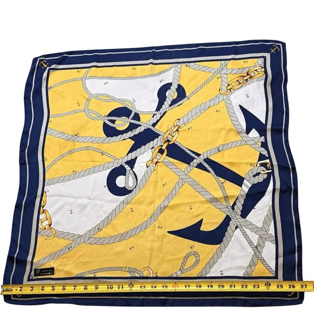 Nautical Anchor Rope Chain 100% Silk Square Scarf Navy Yellow White Classic 27”